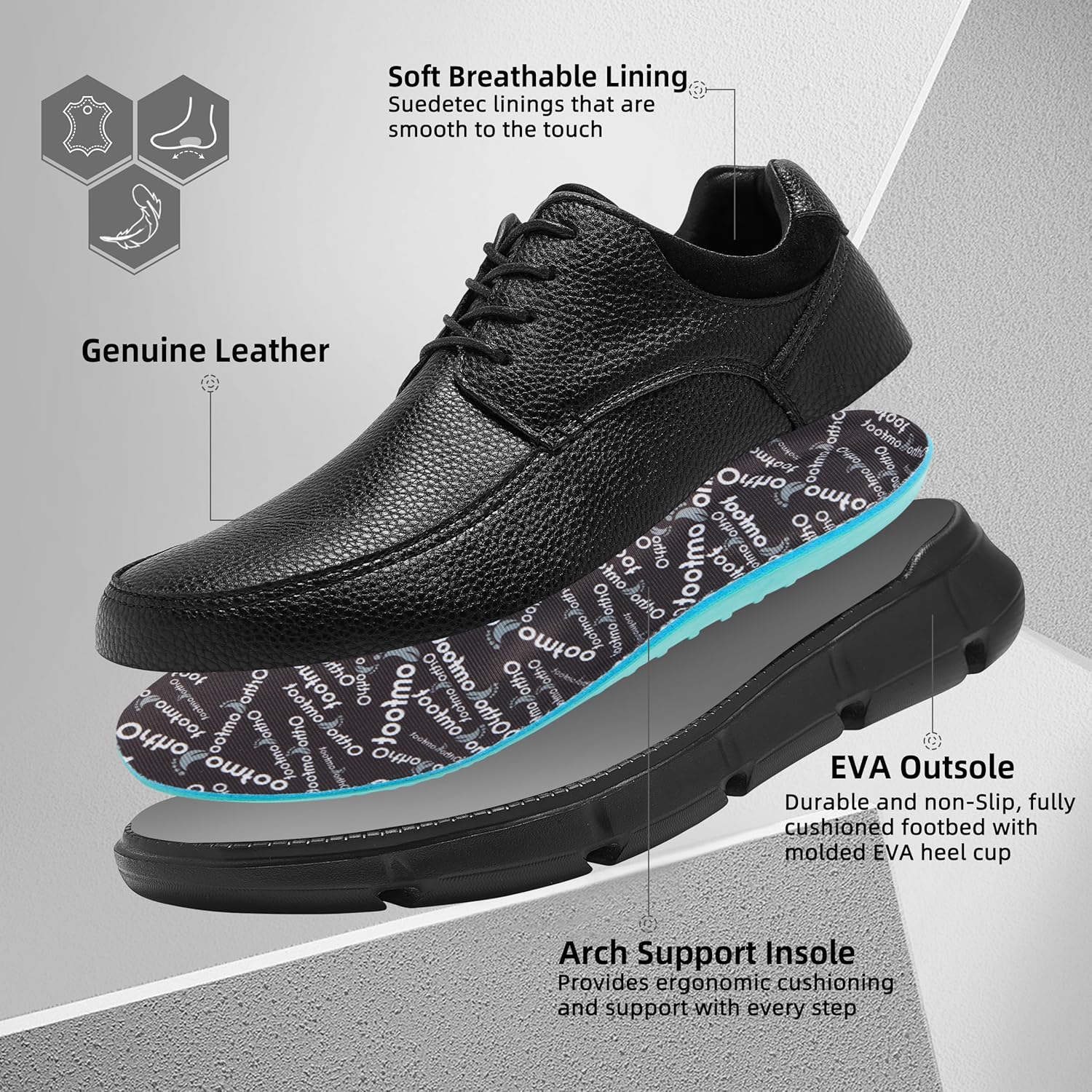 Men's Orthopedic Wide Business Leather Dress Shoes - Arch Support Plantar Fasciitis Casual Formal Wingtip Oxford - Comfortable Cap Toe Orthotics Patent Tuxedo Sneakers for Foot and Heel Pain Relief - Image 7