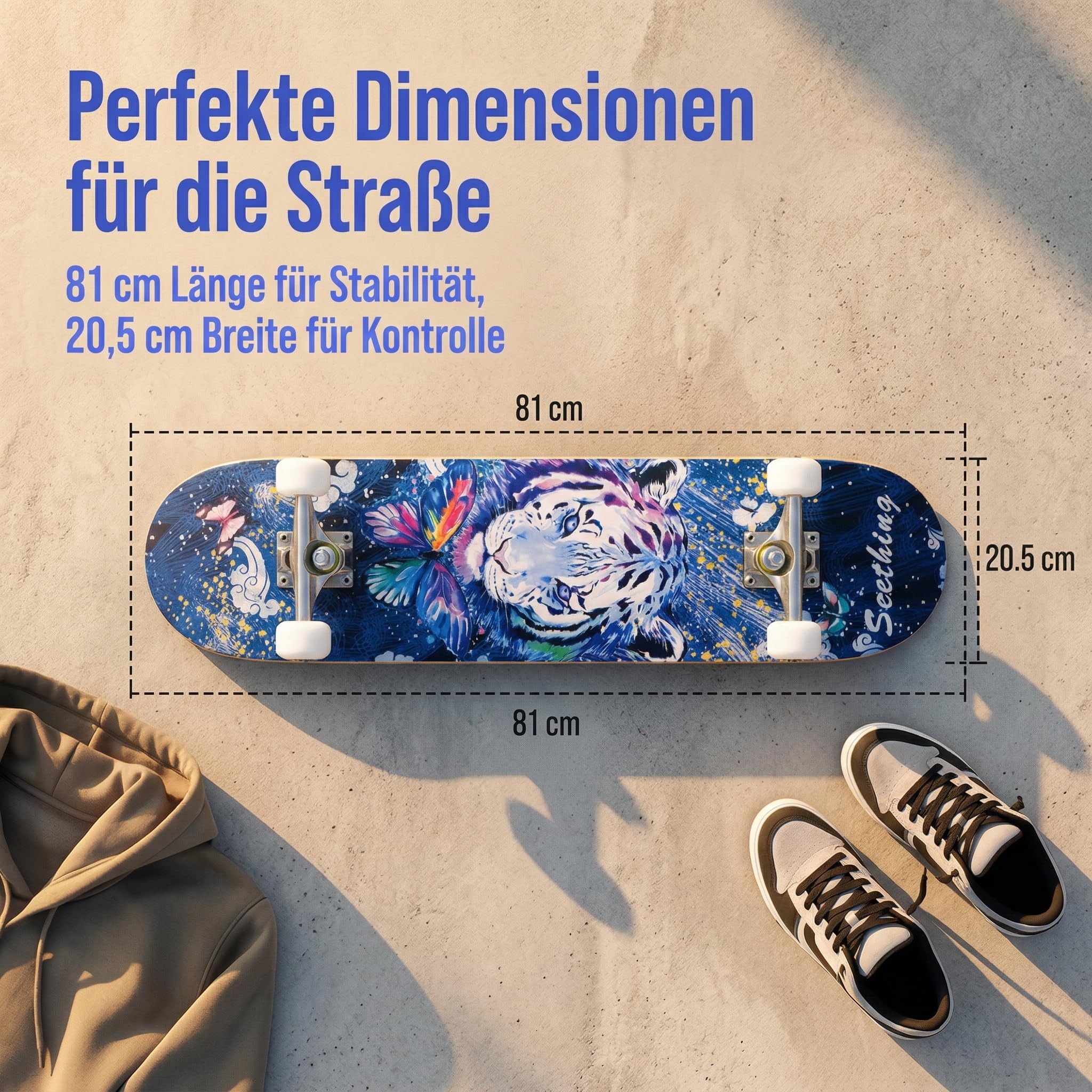 Skateboard Professionnel Double Kick,81 cm en érable, roulements ABEC-7, Roues en PU 95A, Design Graphique personnalisé (81cm, Tigre)