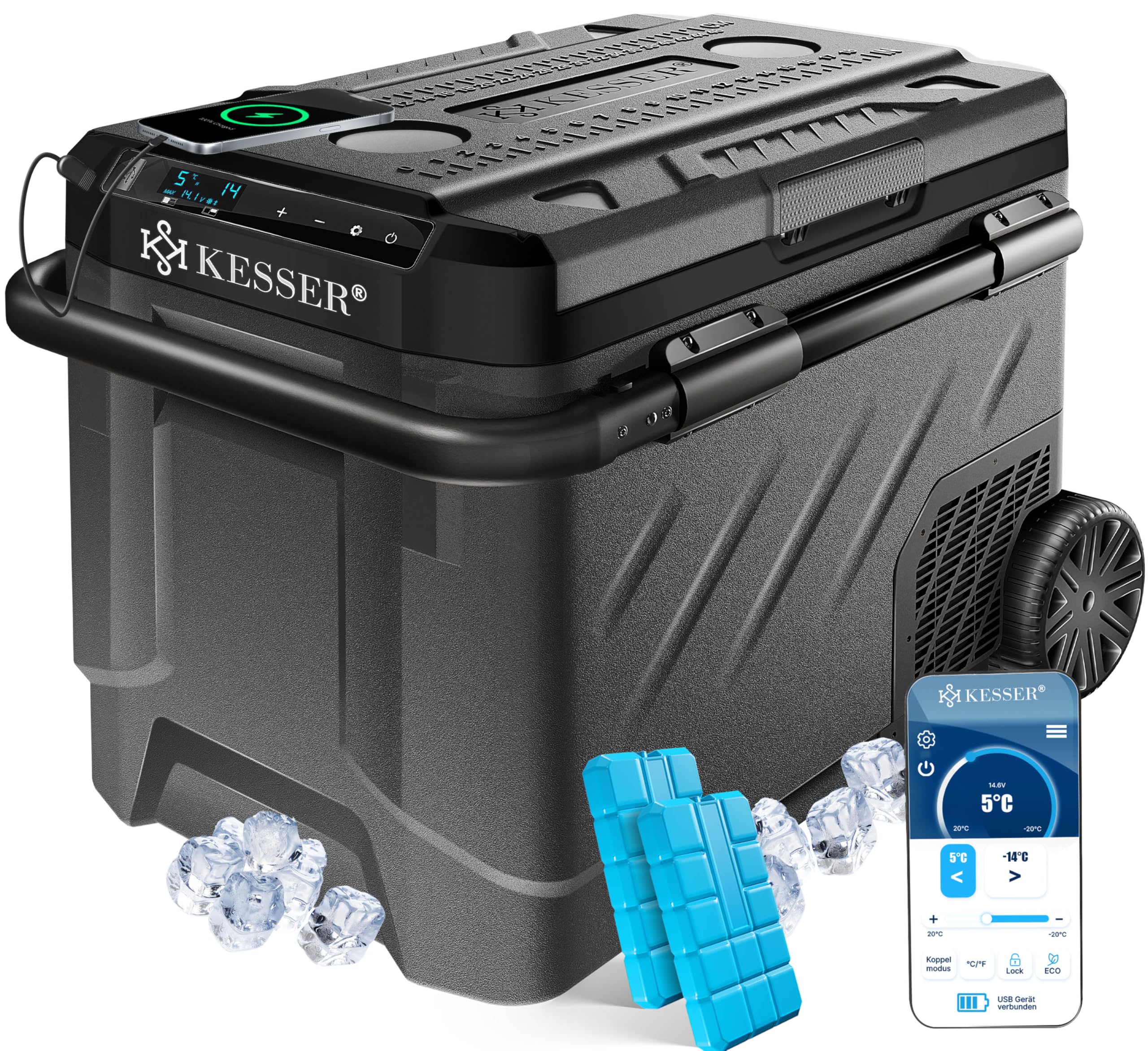 KESSER® Kompressor Kühlbox elektrisch 61 Liter |Camping Gefrierbox mit LED-Touch| Mit APP-Steuerung & Kühlakkus USB-Anschluss 12/24 V 230V| Kühlschrank Kühlung bis -20°C für Auto Lkw Anthrazit Schwarz
