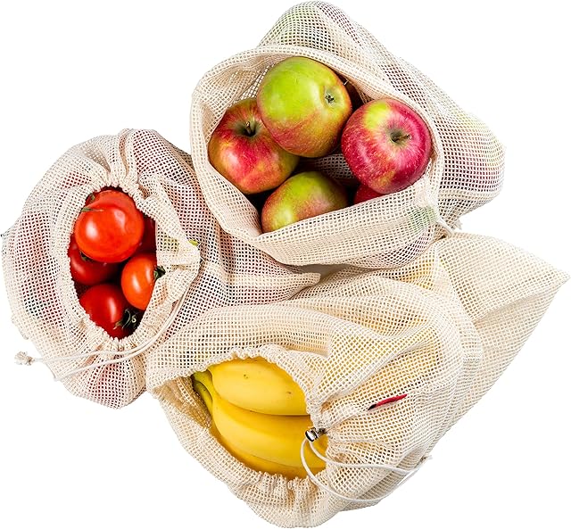 MATANA - 6 Reusable Mesh Produce Bags for Vegetables and Fruit, Eco-friendly Grocery Shopping Bag in 3 Sizes, Small Medium Large - Reduce Plastic Use, Washable