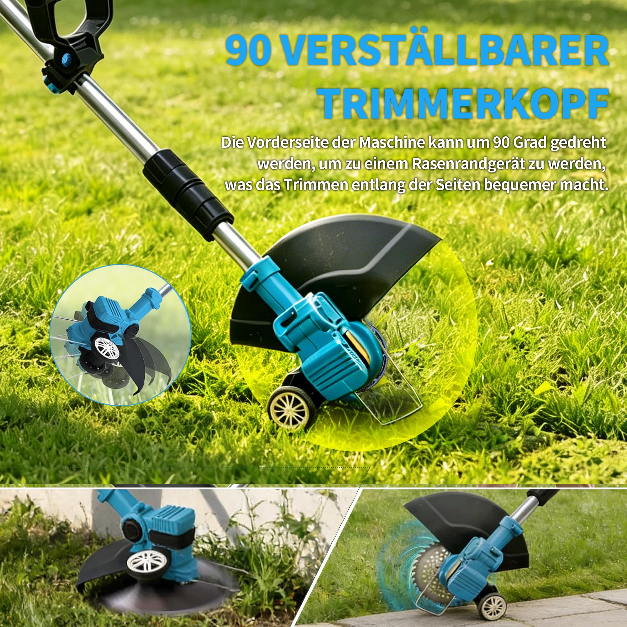 Akku Rasentrimmer kompatibel mit Makita-Akkus mit 4 verschiedenen Messertypen Bürstenloser Rasentrimmer mit 2 x 21V-Akkus Rasenkantenschneider Akku-Motorsense für Garten