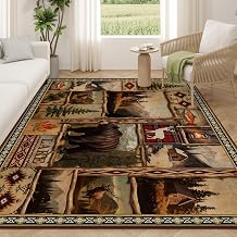 Vintage Moose Bear Cabin Rugs for Living Room 5x7, Non-Slip Machine Washable Farmhouse Rustic Lodge Area Rug Carpet for Bedroom Indoor Dining Floor Carpet, Brown Rustic Living Room Decor