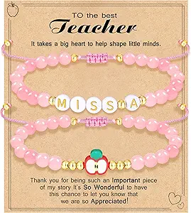 Teacher Appreciation Bracelet Gifts for Women Initial Beaded Bracelets Back to School Thank You Teacher Gifts 2pcs Link Bracelet New Teacher Graduation Gift Birthday Retirement Teachers' Day Jewelry