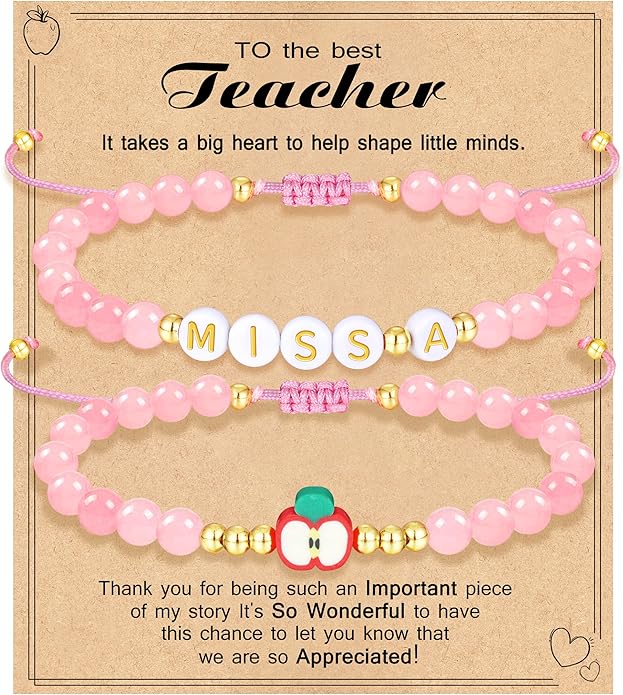 Teacher Appreciation Bracelet Gifts for Women Initial Beaded Bracelets Back to School Thank You Teacher Gifts 2pcs Link Bracelet New Teacher Graduation Gift Birthday Retirement Teachers' Day Jewelry