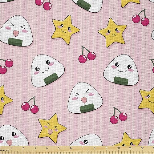 Miniatura 70 de Ambesonne - Tela de helado por The Yard, deliciosos alimentos fríos de verano en conos estilo Kawaii patrón ilustrado, tela decorativa