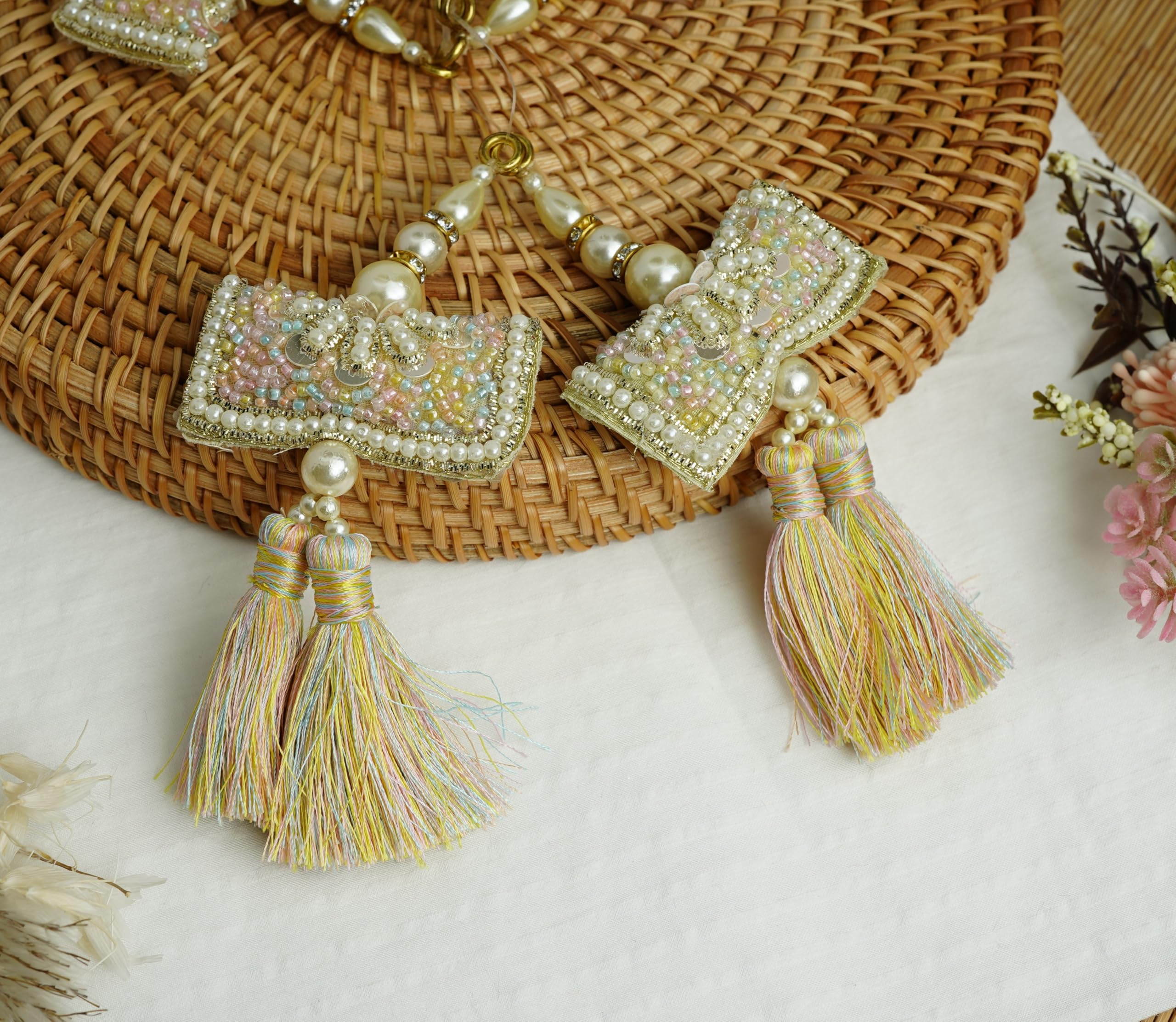 Feathers Creation Ltd Pastel Colour Sew On Tassels Multi Color Latkan With Beads, Pearls, Cutdana, Viscose Rainbow Thread, Fringe Tassel For Bridal Indian Lehenga 1 Pair 13Cm Long (Pastel Colour)