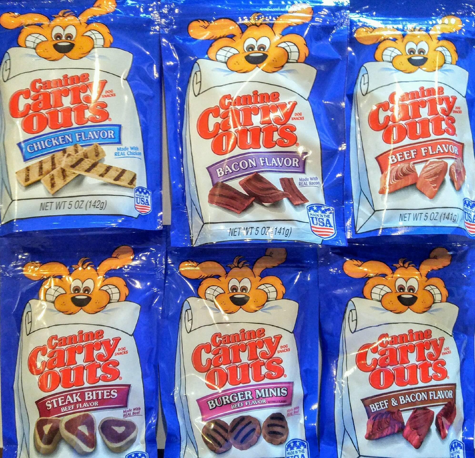 Canine Carry Outs Dog Snacks Variety Combo Bundle. Six 5 oz bags, One bag of each Flavor.