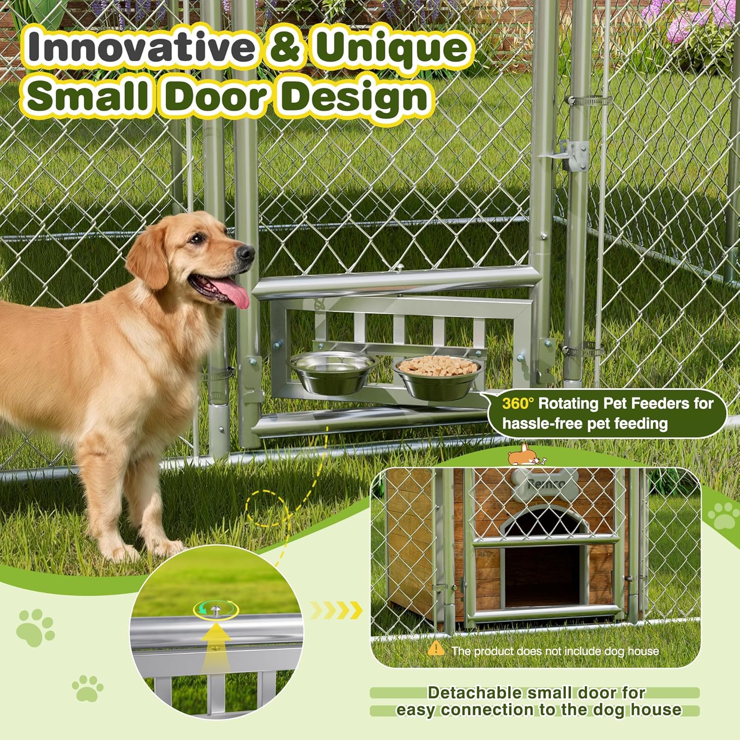 MAGIC UNION Large Dog Kennel with Rotating Feeder Bowls, Outdoor 9.8'x9.8' Heavy Duty Dog Cage Enclosures, Dog Pens Fence with Waterproof UV-Resistant Cover and Secure Lock