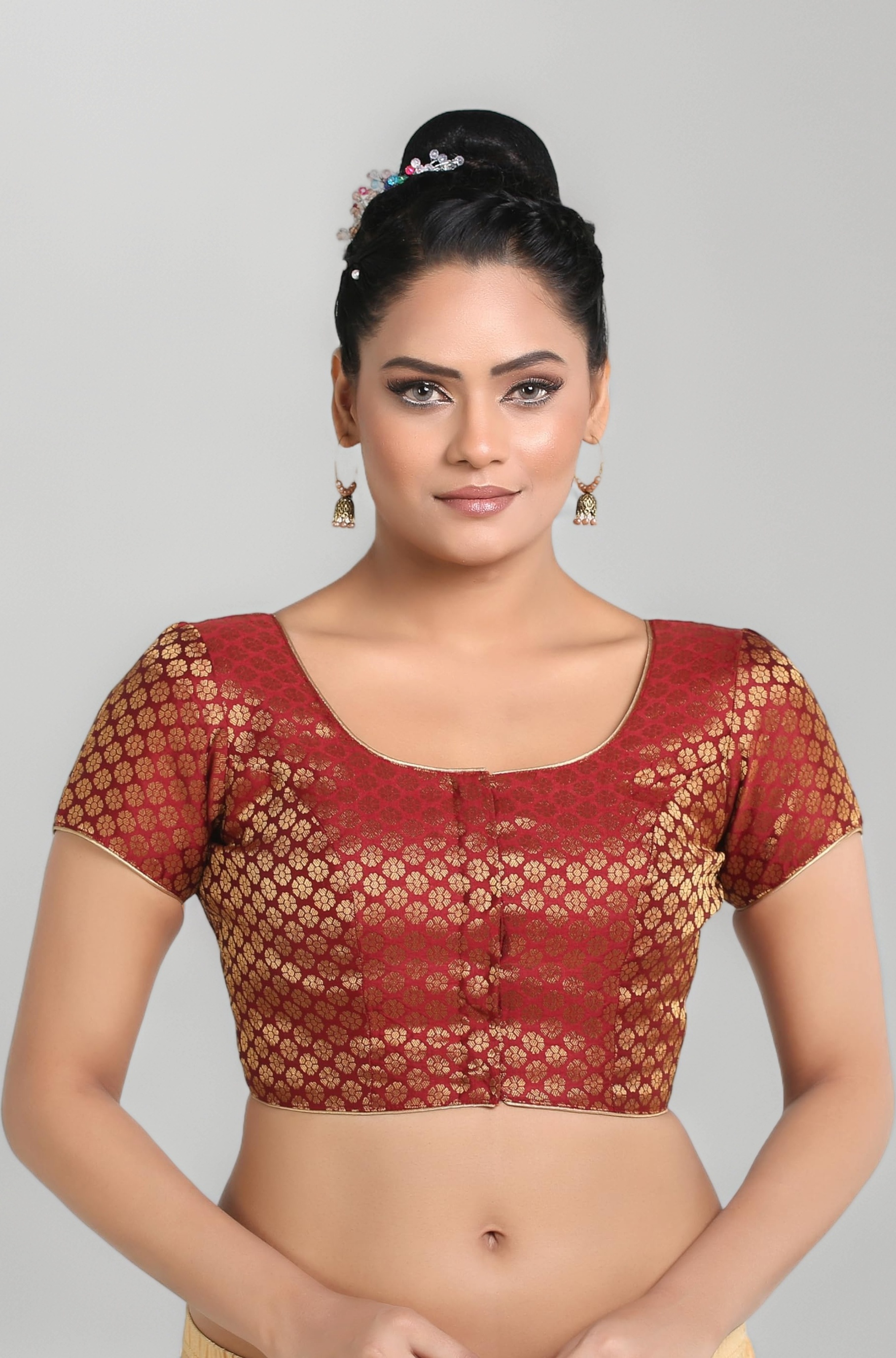 Madhu Fashion Womens Short Sleeves Banaras Brocade Readymade Saree Blouse