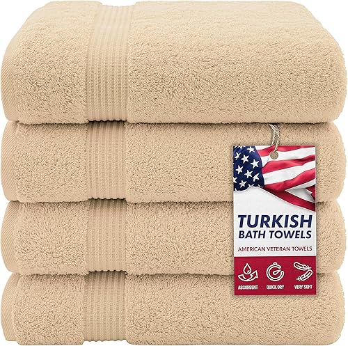 American Veteran Towel, Paquete de 4 toallas de baño turcas 100% algodón para baño, 27 x 54 pulgadas, extra grandes, de secado suave, color beige