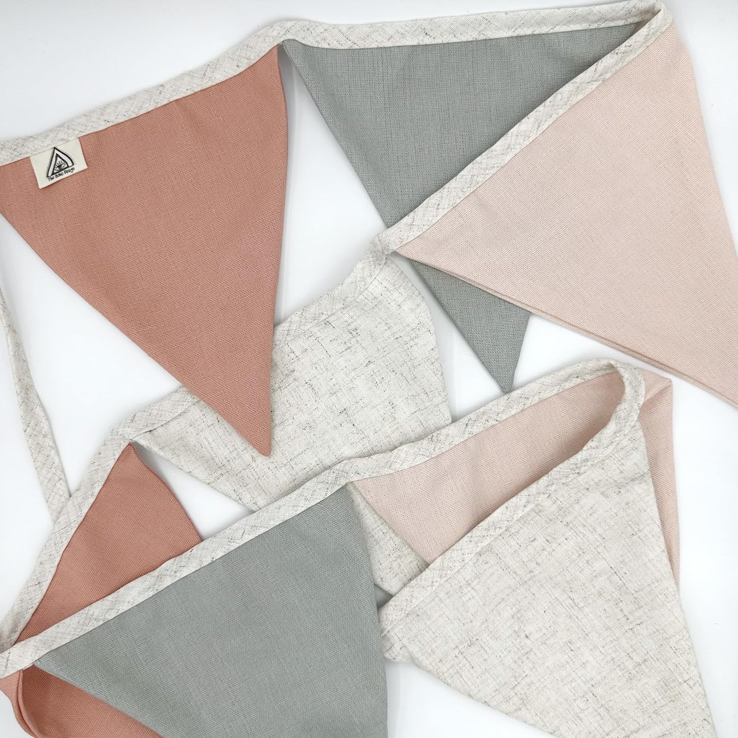 Multicolor Triangle Pink Linen Pennant 8 Flags Bunting Banner. Pastel Linen Fabric Flag Garland for Room Decoration Hanging on Wall, Crib, Birthday Decor, Baby Shower, Kids Playroom (Triangle Pink)