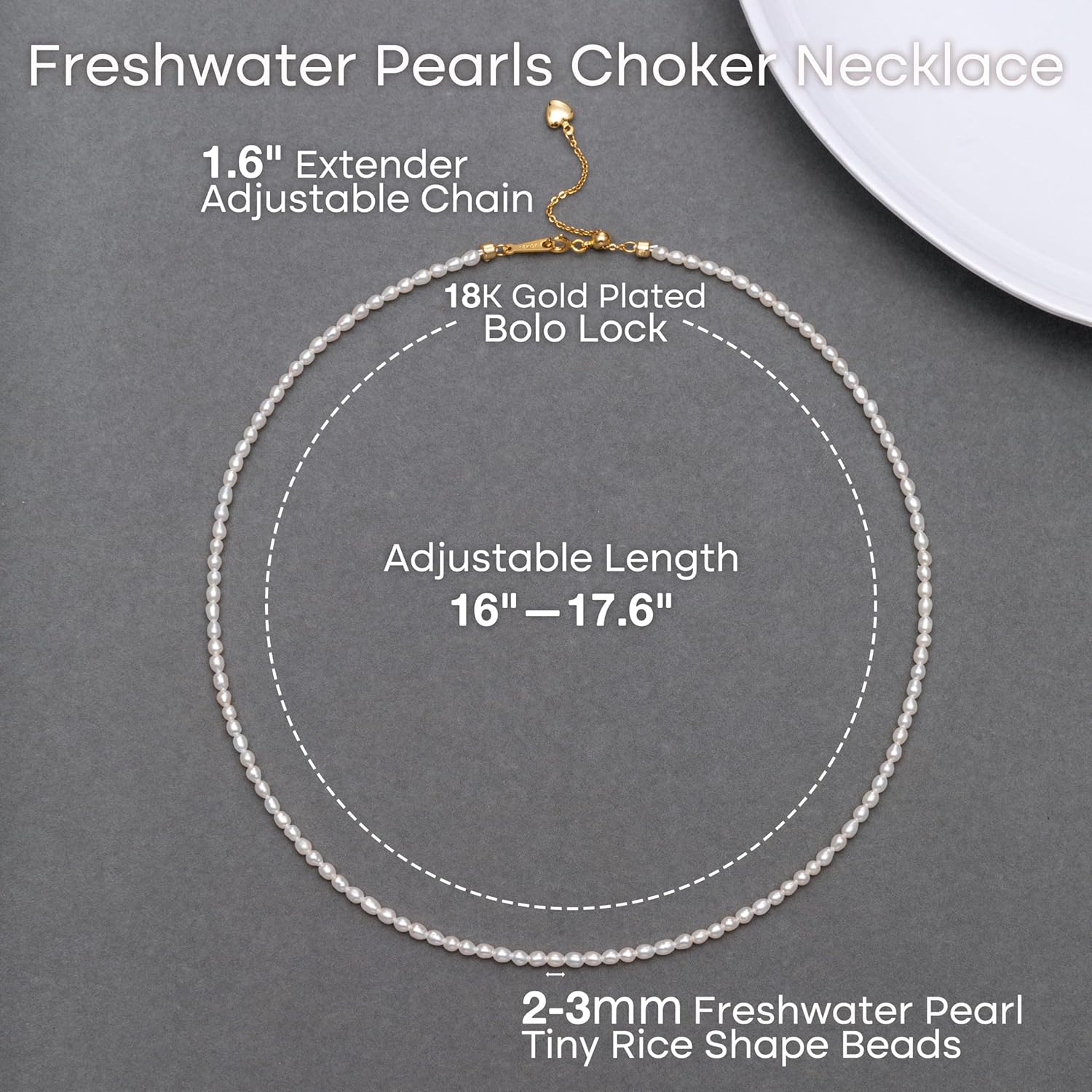 HENGSHENG Freshwater Pearls Choker Necklace for Women Tiny Small Rice Pearl Strand Necklace 18K Gold Plated Bolo Lock - Image 3