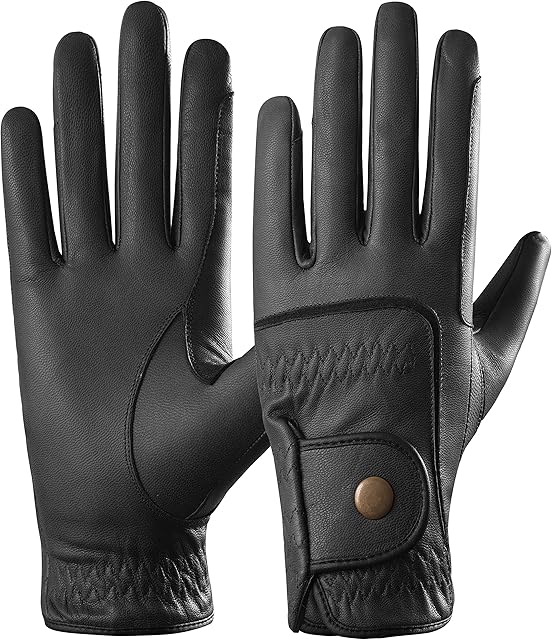 AFE Genuine Leather Horse Riding Gloves Ladies Dublin Track Gloves Leather Equestrian (L, Black)