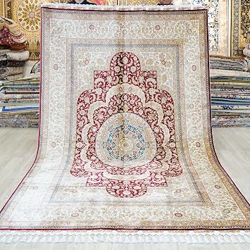 Silk Rug 5.5x8 Red Hand Knotted Vintage Antique Luxury Oriental Silk Area Rug for Living Room