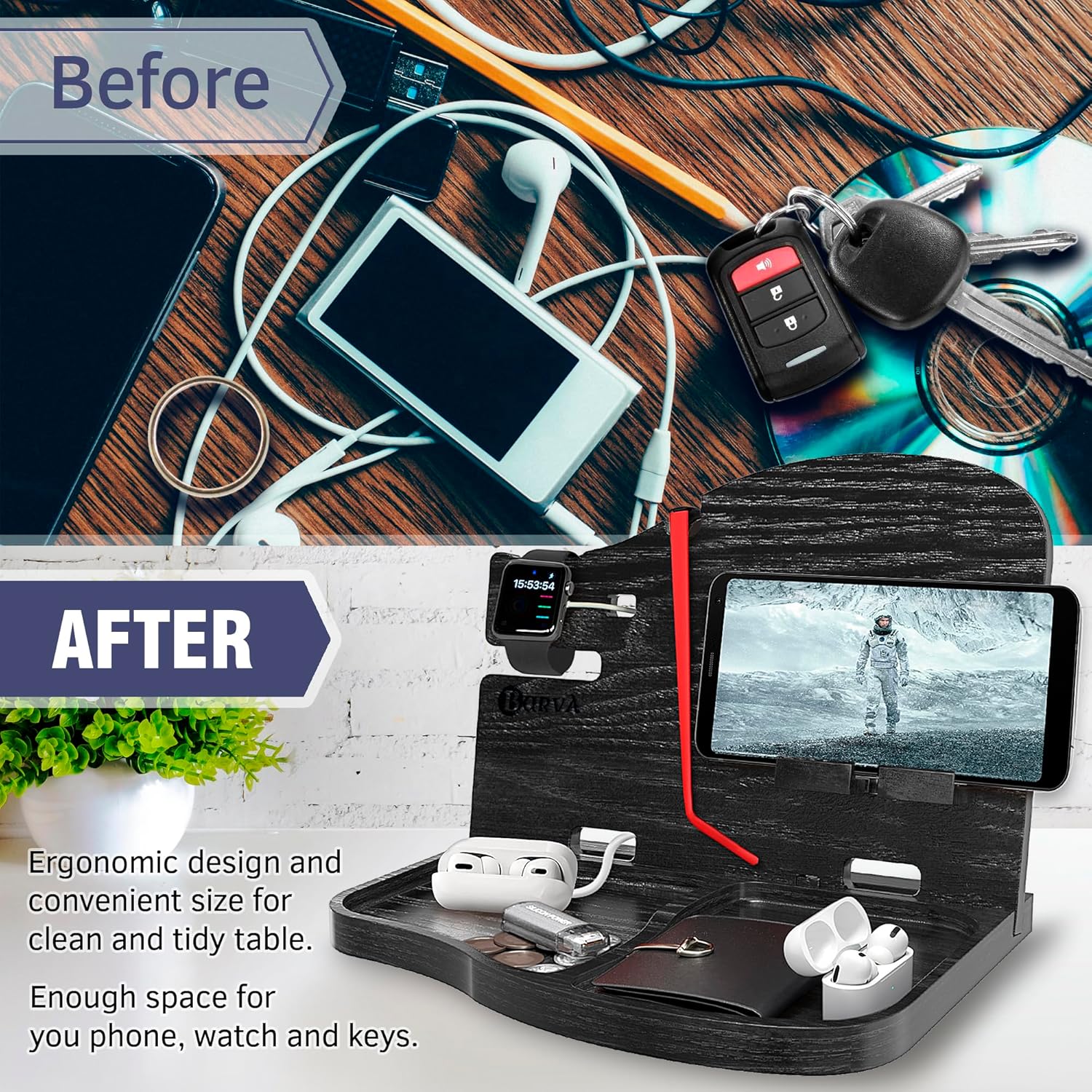 BarvA Wood Docking Station | Phone Stand & Desk Organizer | Night Stand Charging Station & Phone Holder | Compact Nightstand Organizer for Men's Accessories | Ideal Gifts for Men