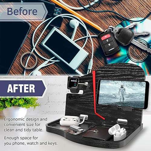 Miniatura 7 de BarvA Estación de acoplamiento de madera, organizador de mesita de noche, soporte para teléfono, cartera, reloj, soporte para llaves, carrito de