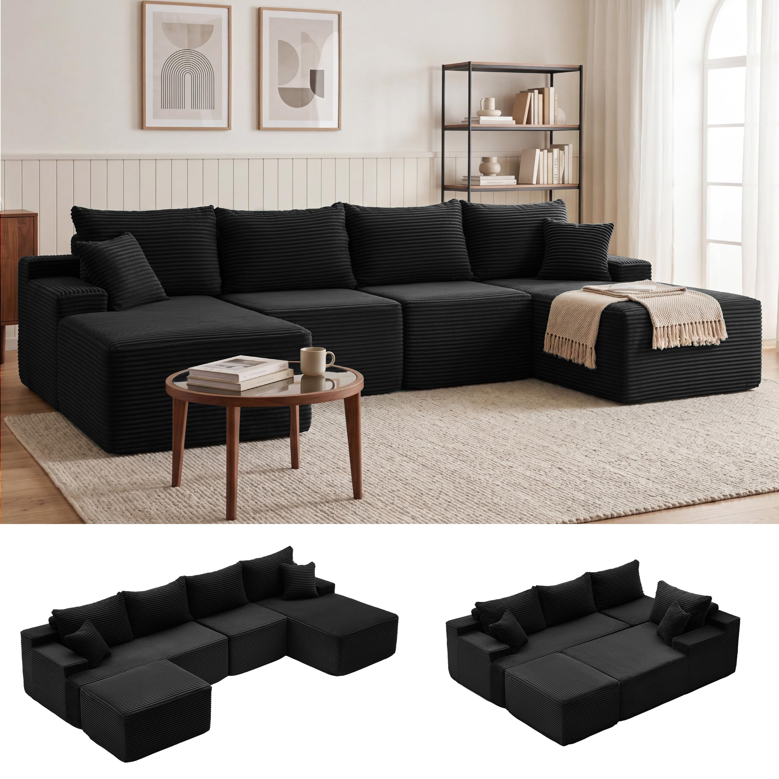 Mangodan Cloud Sectional Couch, Boneless Couches for Living Room, Black