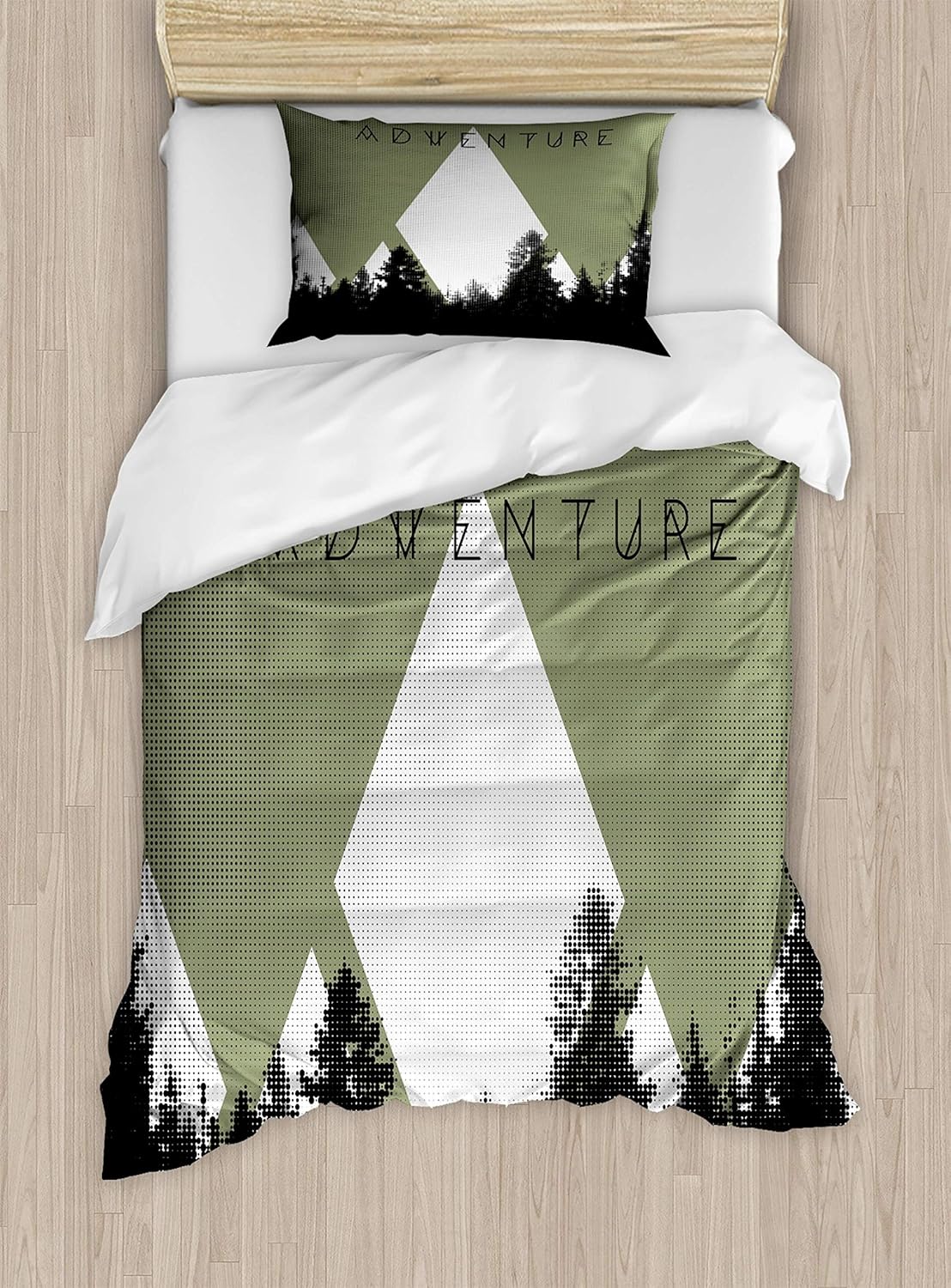 Ambesonne Adventure Duvet Cover Set, Forest Halftone Effect Hipster Typography Camping in Mountains, Decorative 2 Piece Bedding Set with 1 Pillow Sham, Twin Size, Army Green Black White Twin Army Green Black White