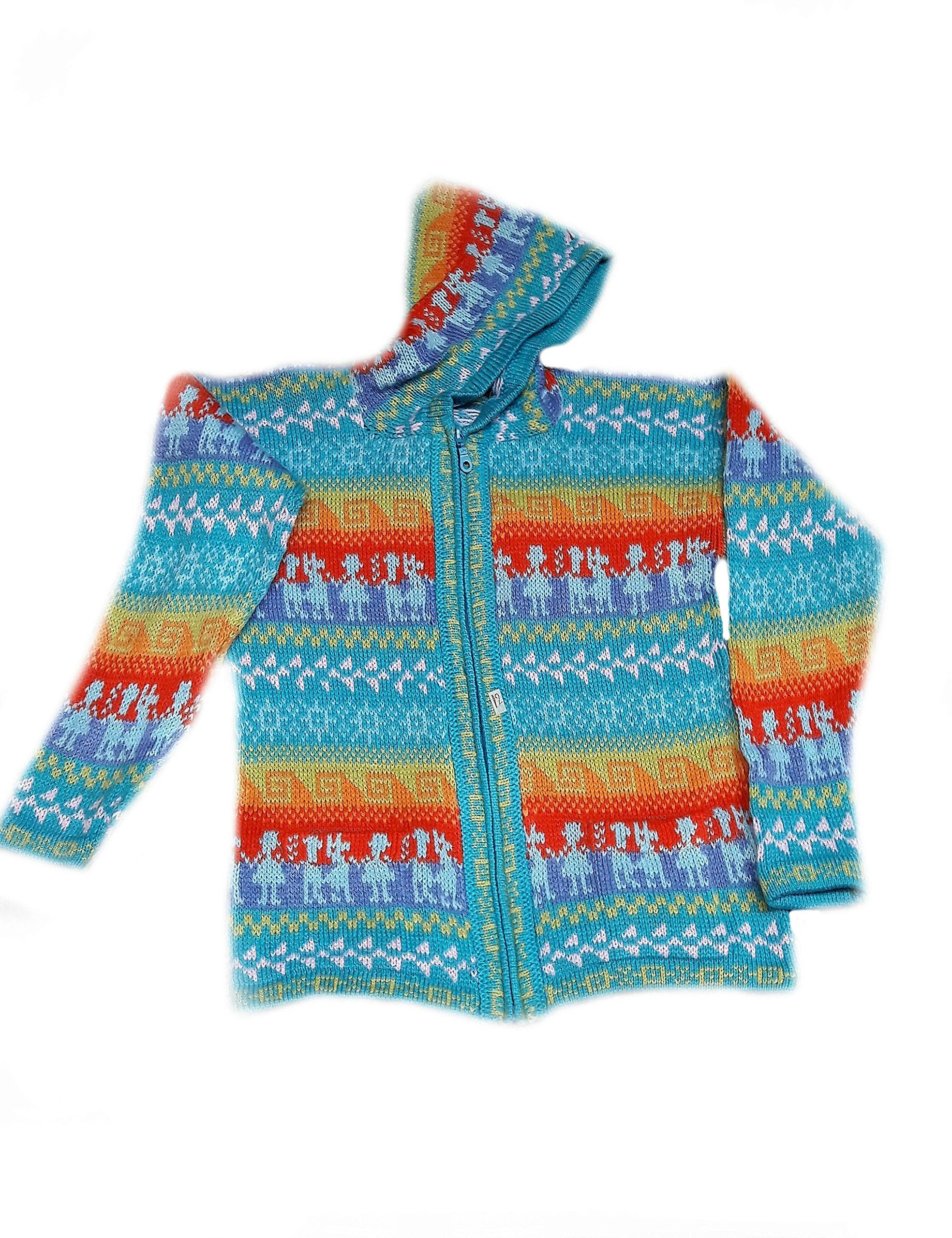Chaqueta de lana de alpaca con capucha unisex para niños de 2 a 6 años, color turquesa y rojo