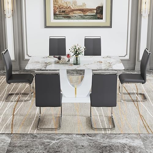 Miniatura 8 de Juego de mesa de comedor de lujo de 71 pulgadas para 6, moderno juego de mesa de comedor de mármol sintético con parte superior de vidrio templado,