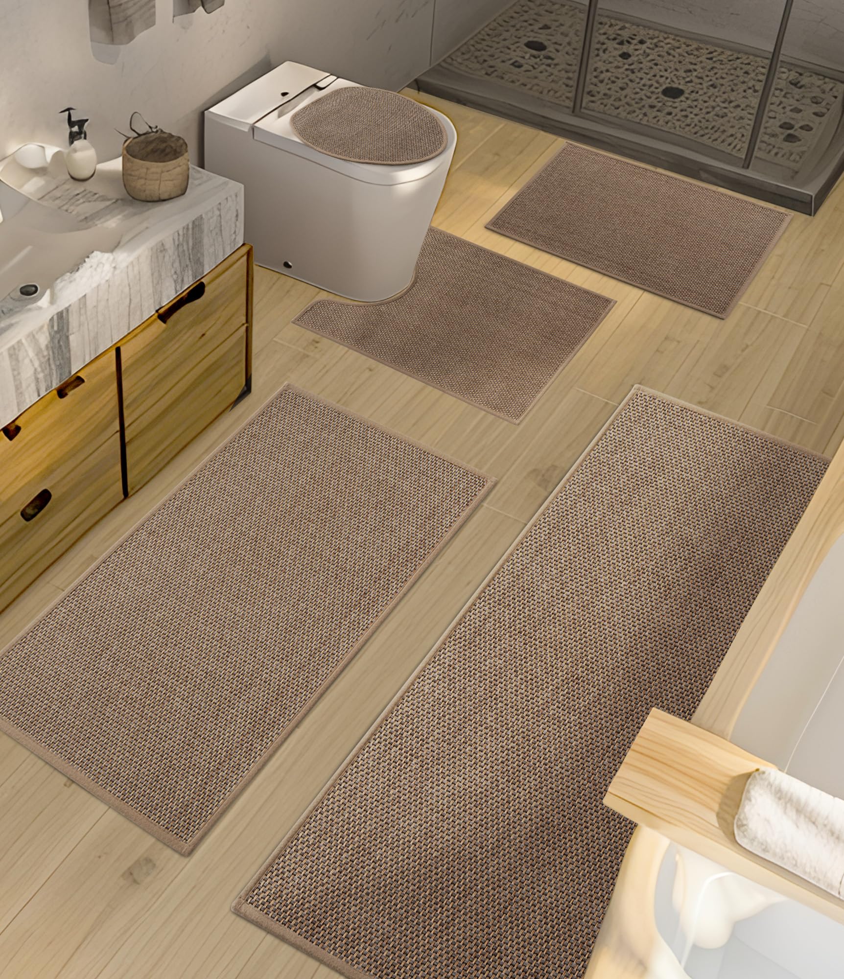 YIHOUSE Bathroom Rugs Sets 5 Pieces, Grey Ultra Thin Bath Mats Fit Under Door, Absorbent Quickly Dry Rubber Backing Braided Bath Mat Set, Non Slip