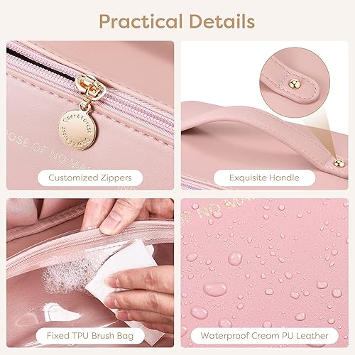 Miniatura 6 de Bolsa de maquillaje de viaje de gran capacidad bolsas de cosméticos portátiles para mujeres, bolsa de maquillaje plana abierta con asa y divisor