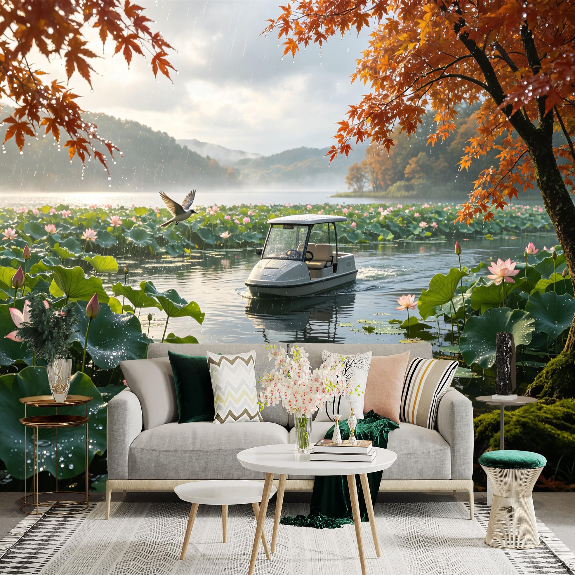 Custom Size Wall Sticker Mural， Electric Boat on Misty Lake， Pink Lotus Flowers and Maple Leaves， Serene Autumn Landscape， for wall Decoration， peelandstick wall Decals.