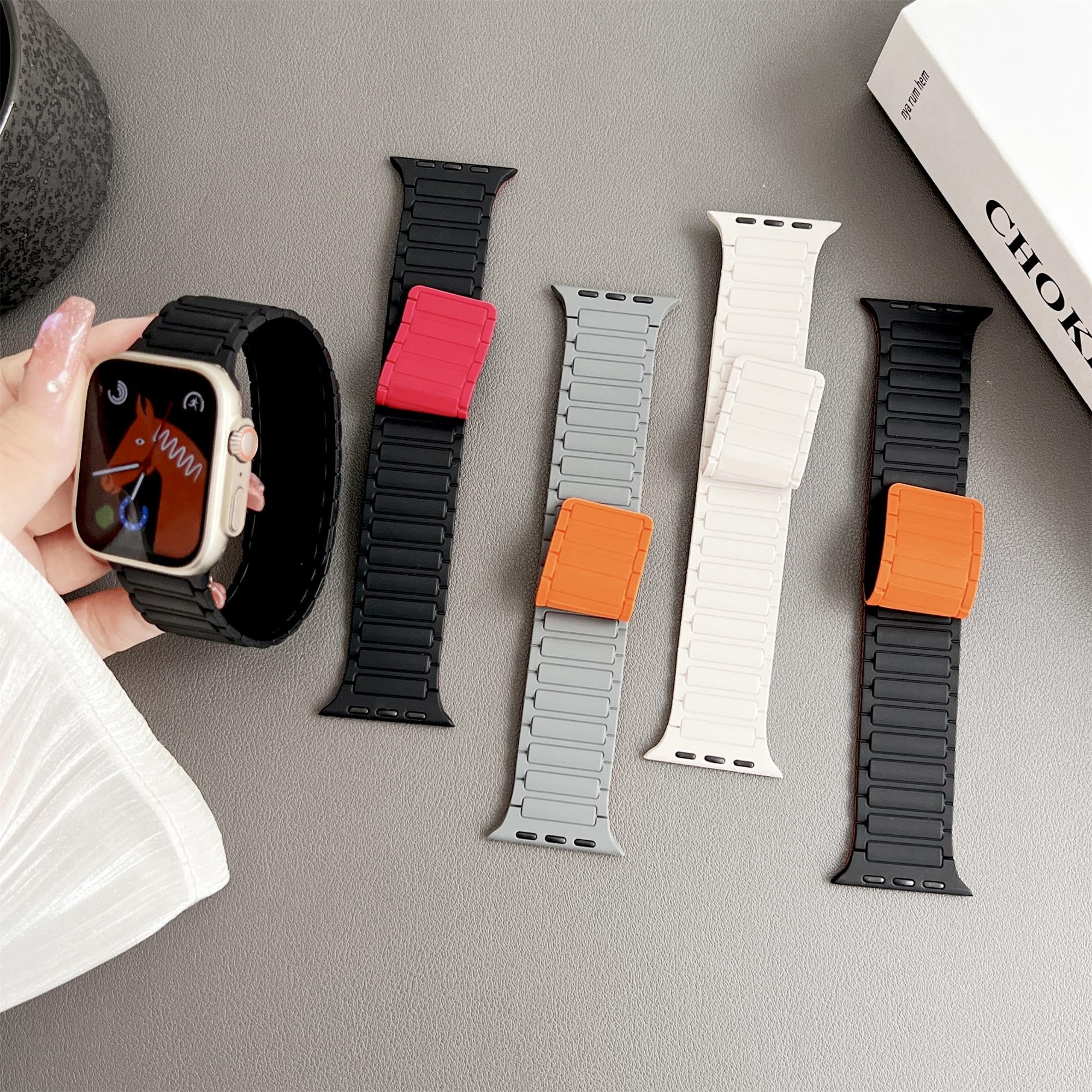 Cinturino magnetico di lusso compatibile con cinturini Apple Watch Ultra da 49 mm, 45 mm, 44 mm, 42 mm, impermeabile, morbido, sportivo, in silicone, per iWatch serie 9/8/7/6/5/4/3/2/1/SE