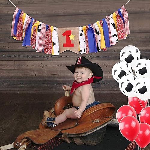 Miniatura 4 de Woody and Jessie - Cartel de primer cumpleaños para silla de bebé niño, decoraciones de fiesta occidental, pancarta de vaquero del oeste,