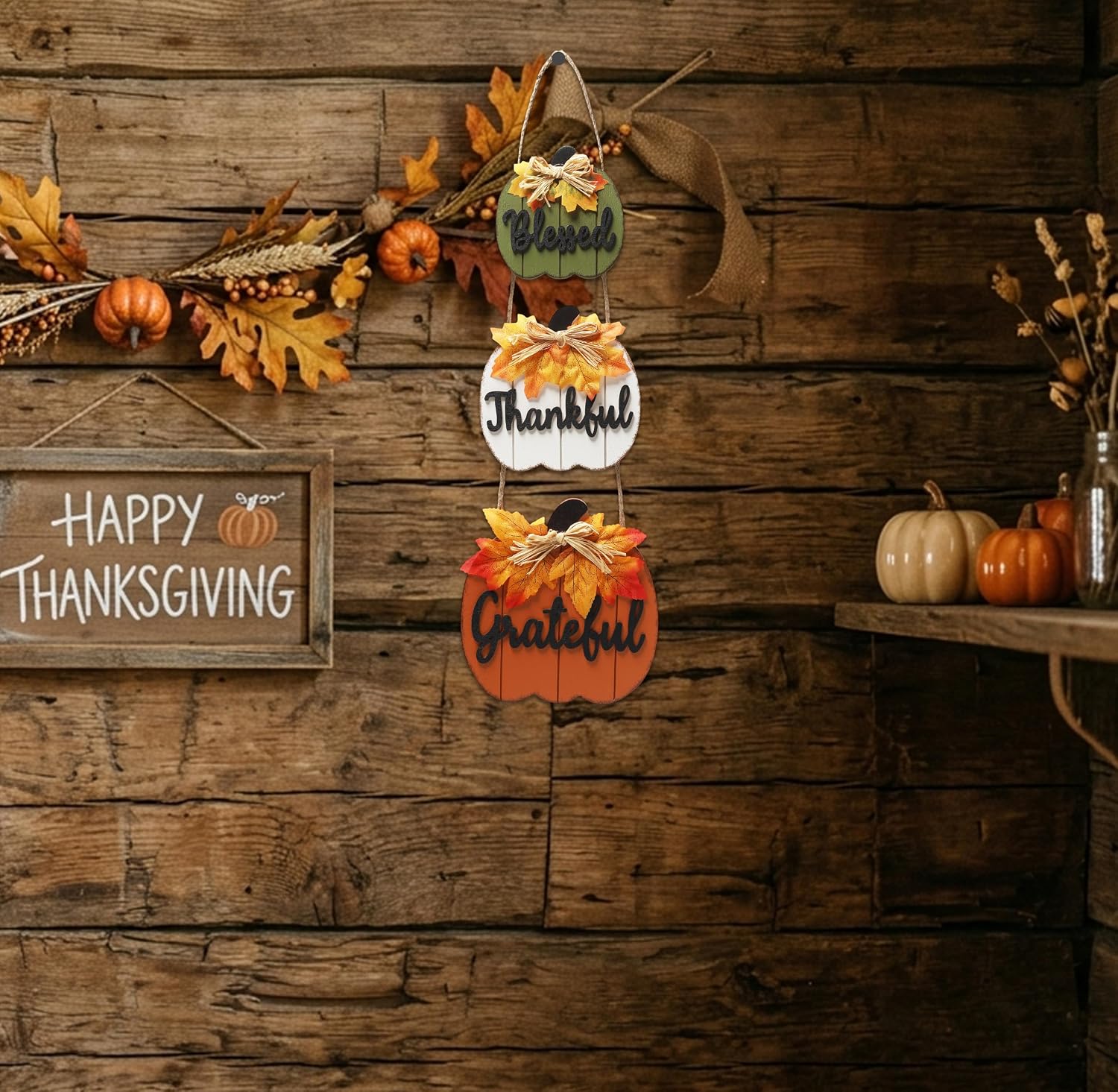 Fall Wooden Pumpkin Door Sign Blessed Grateful Thankful Hanging Sign