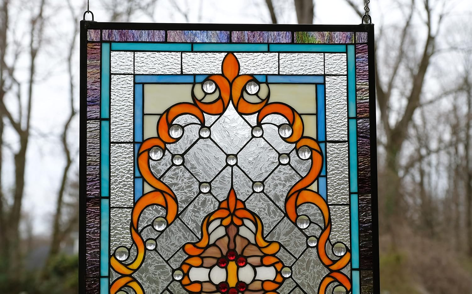 20 x 34 Large Jeweled Hanging Stained Glass Window Panel.
