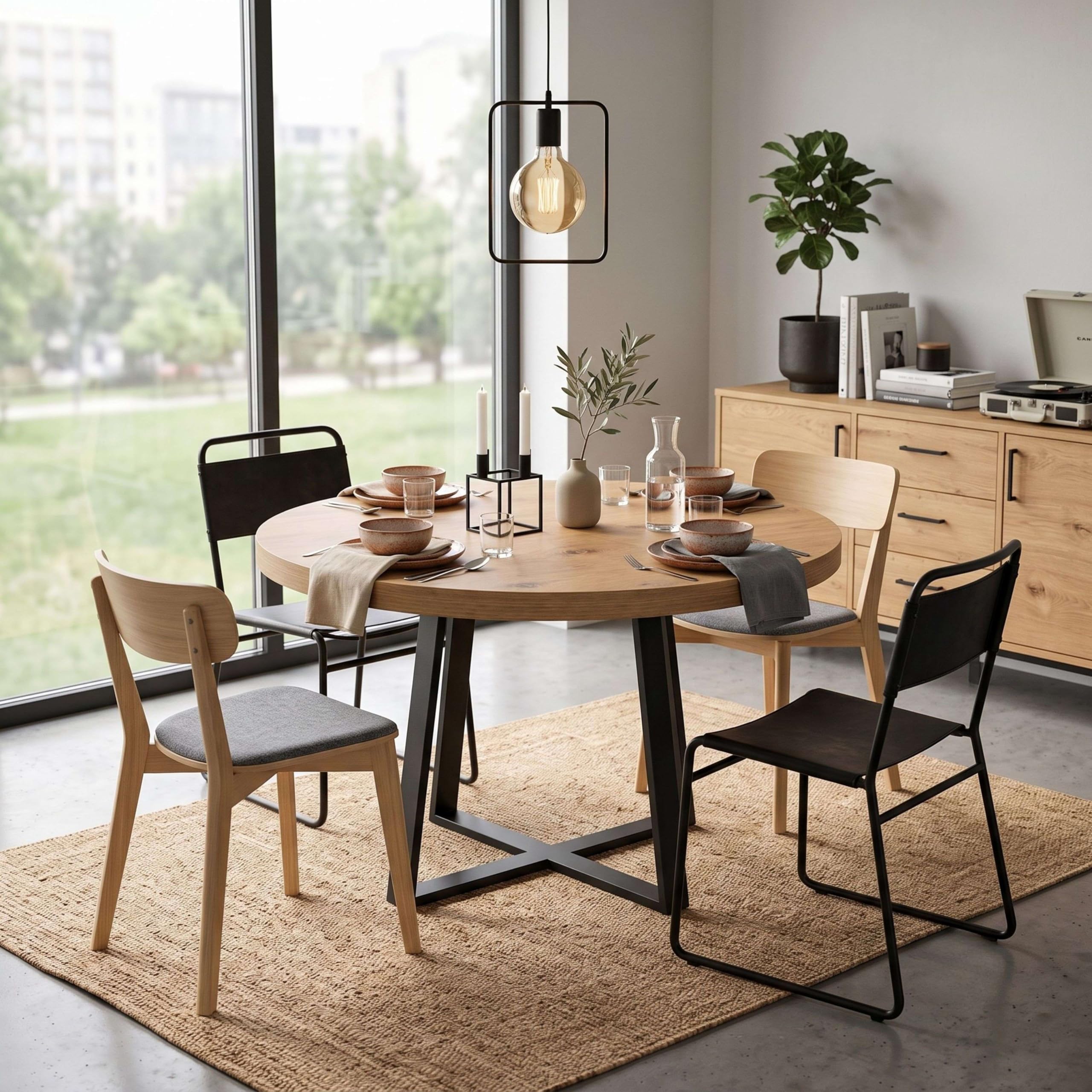 Miroytengo Mesa de Comedor Redonda Extensible, Mesa de Salón, Melamina Aduna, Roble y Negro 110x77x110-150 cm