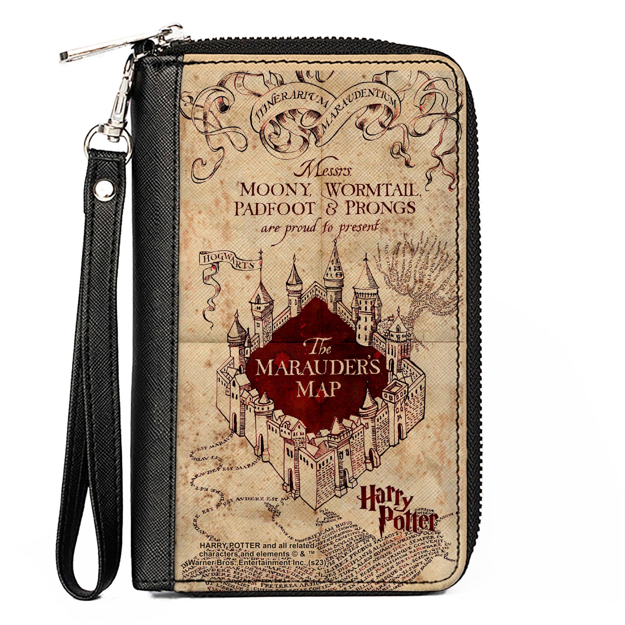 Buckle-Down The Wizarding World of Harry Potter Wallet, Zip Around, Hogwarts School The Marauders Map Tan Reds, Vegan Leather