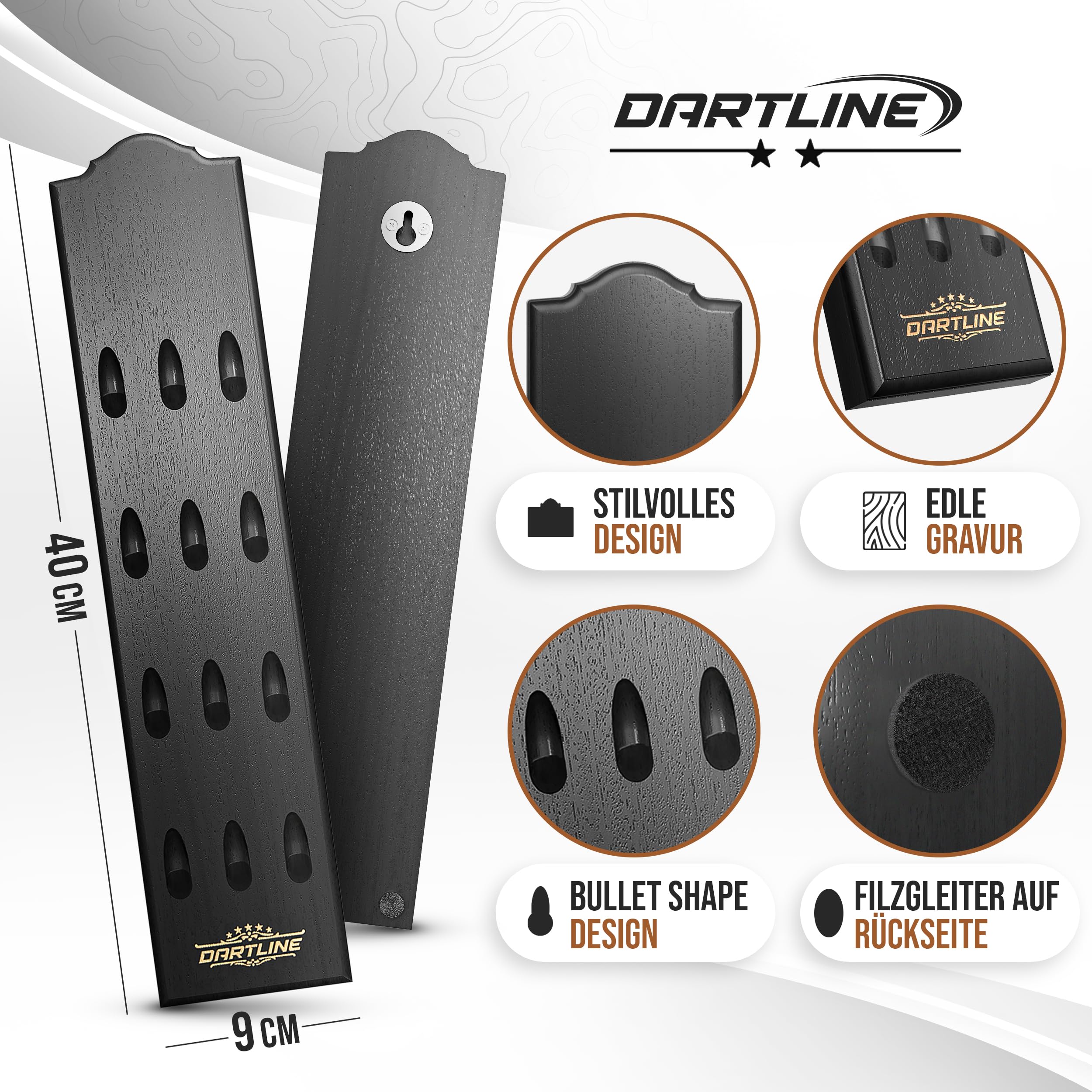 Dartpfeile Halterung aus Holz | Darthalter für 12 Pfeile zur Wandmontage | matt schwarzer Massivholz Dart Halter 40x9 cm | mit Stoffbeutel für Zubehör