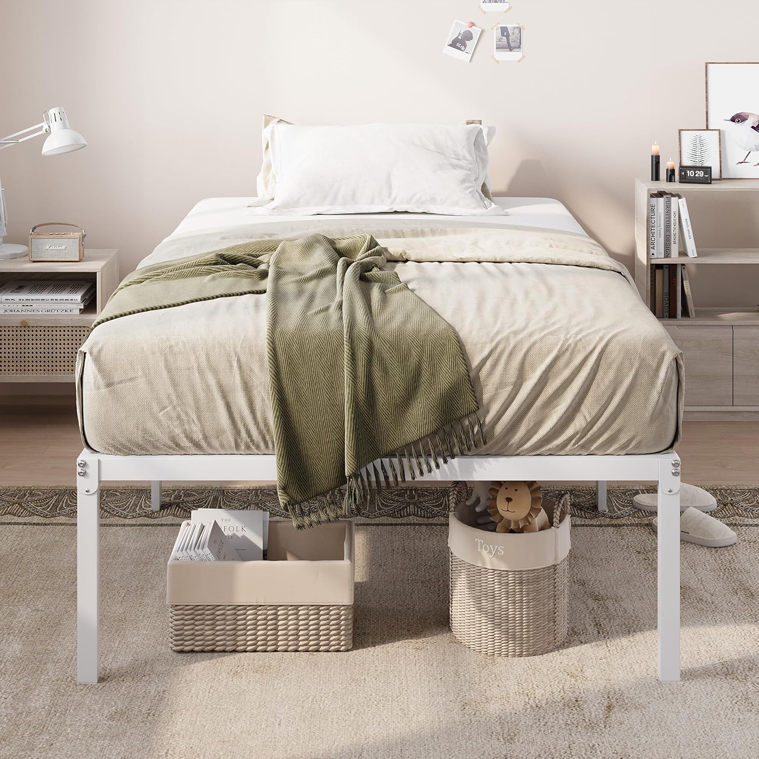 Allewie Twin Bed Frame, 18 Inch Metal Platform Beds with Storage Space, No Box Spring Needed and Easy Assembly, White