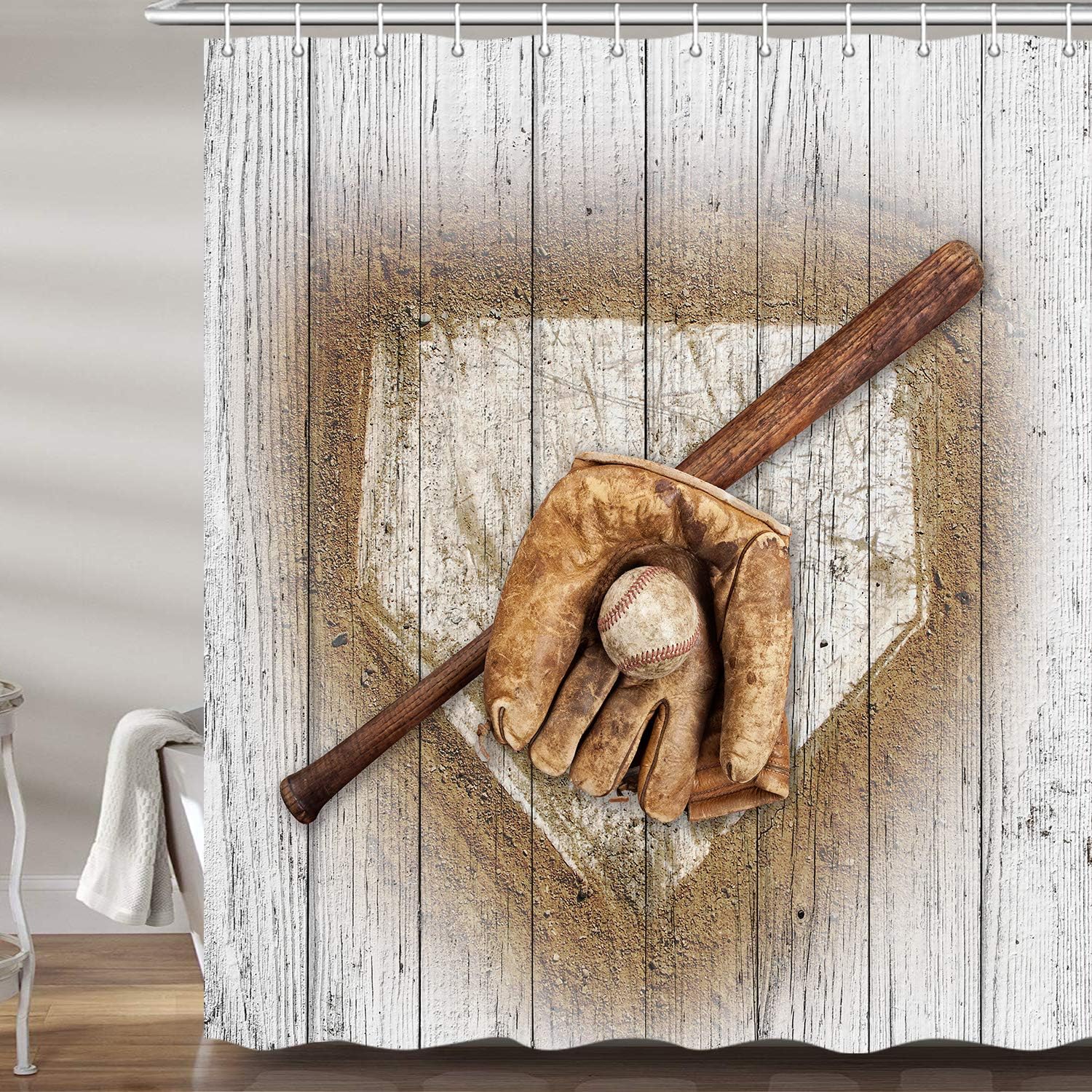 JAWO Baseball Shower Curtain for Bathroom, Grunge Baseball Glove Bat on Wooden Men Boys Sports Theme Profession Polyester Fabric Bath Accessories Curtains Decor with 12PCS Hooks 69X70 Inches