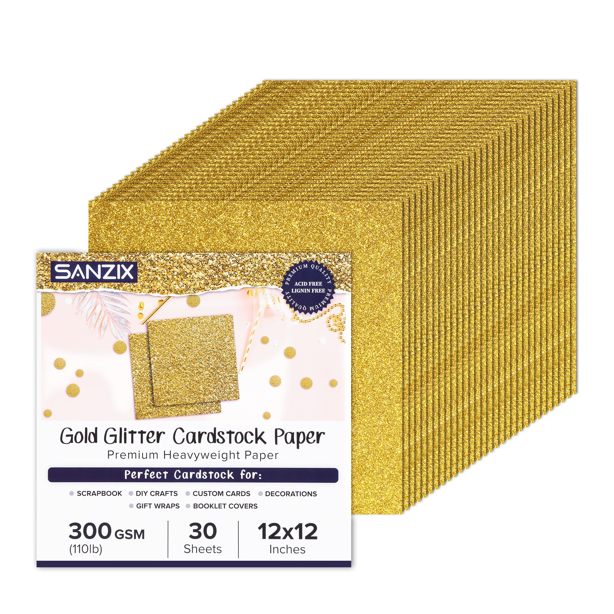 SANZIX 30 Sheets Gold Glitter Cardstock Paper 12x12" 110lb 300 GSM-Premium Gitter Sparkle Paper for Cricut, Christmas Cards, Scrapbook, DIY Crafts,