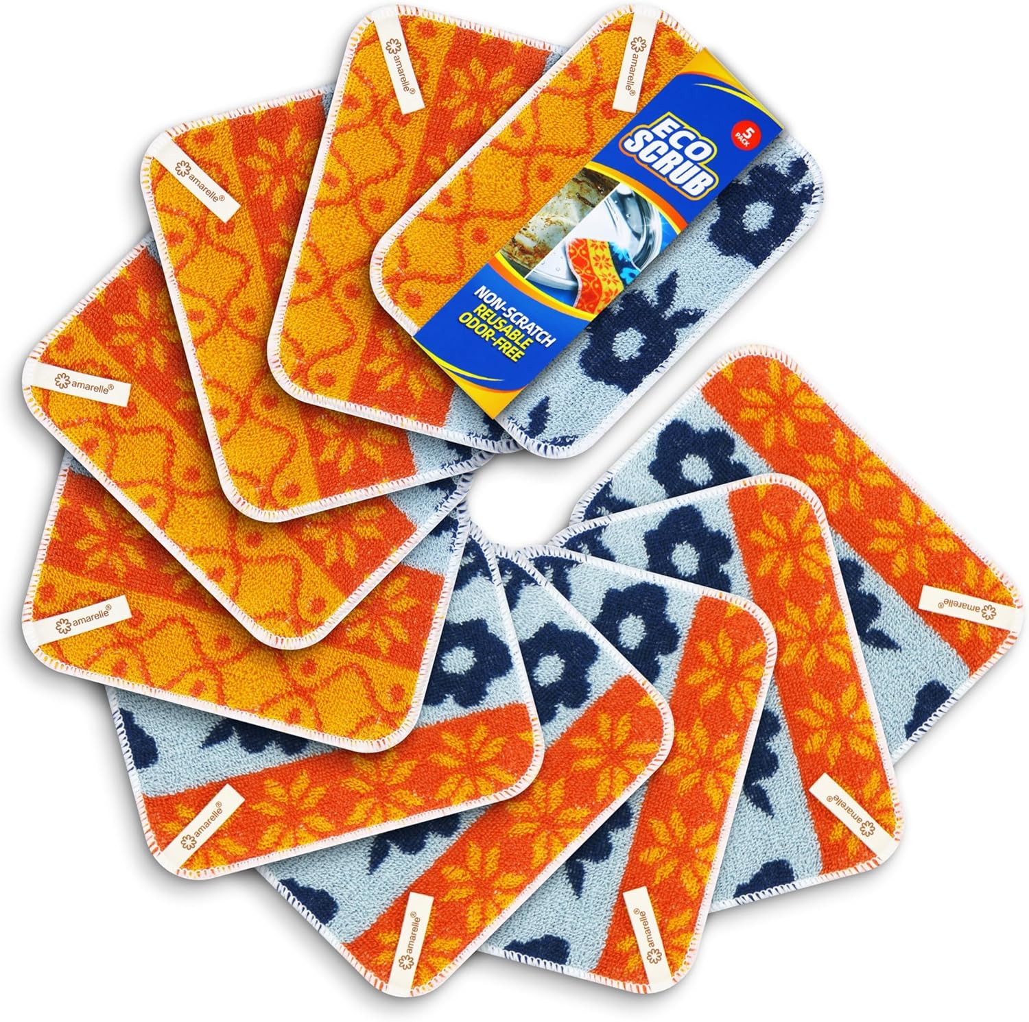 Amarelle GEN II Dish Washing Scrubbers (10-Pack), Made in Green Kitchen Scrubbers for Dishes, Non Scratch Pot & Pan Scrubber, Dual-Sided Heavy-Duty Scouring Pads, Reusable(Nordic Folk)