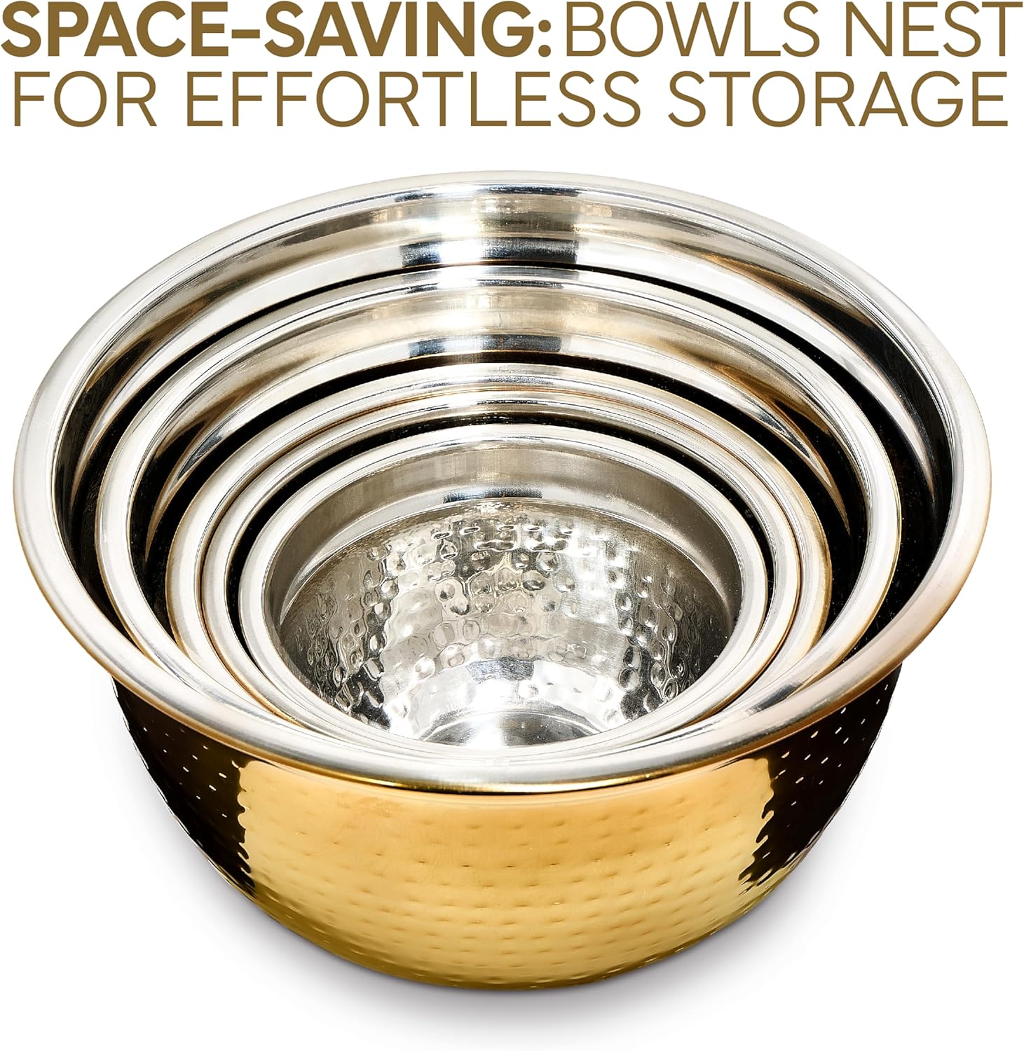 COOK WITH COLOR 18 Piece Mixing Bowls Set with Airtight Lids, Handcrafted Stainless Steel Bowls, Food Storage Containers, Meal Prep, Nesting Salad Bowls For Cooking, Baking, Kitchen, Gold- Hammered - Image 4