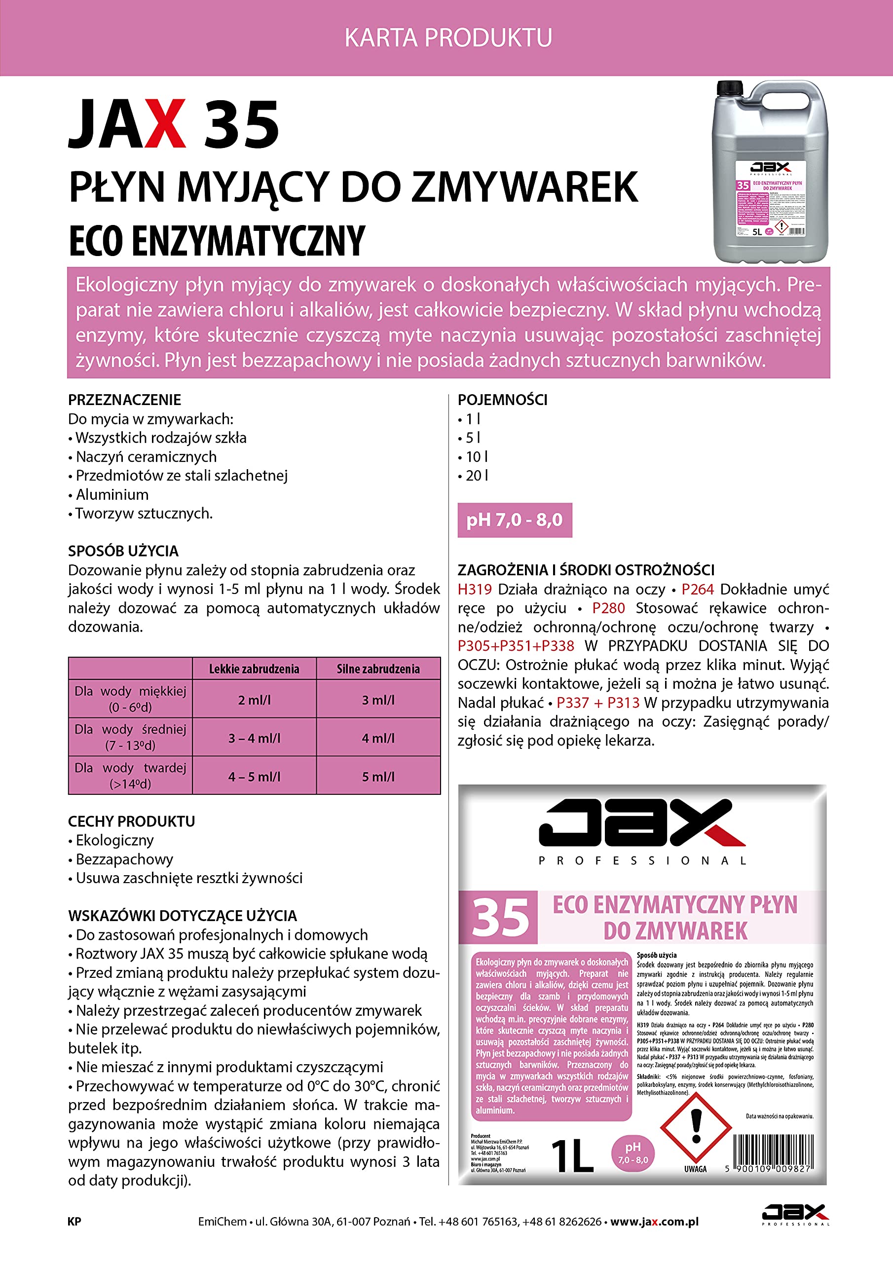 35 5L - ECO ENZYMATYCZNY PŁYN DO ZMYWAREK do mycia szkła, naczyń ceramicznych, mycia przedmiotów ze stali szlachetnej aluminium i tworzyw sztucznych