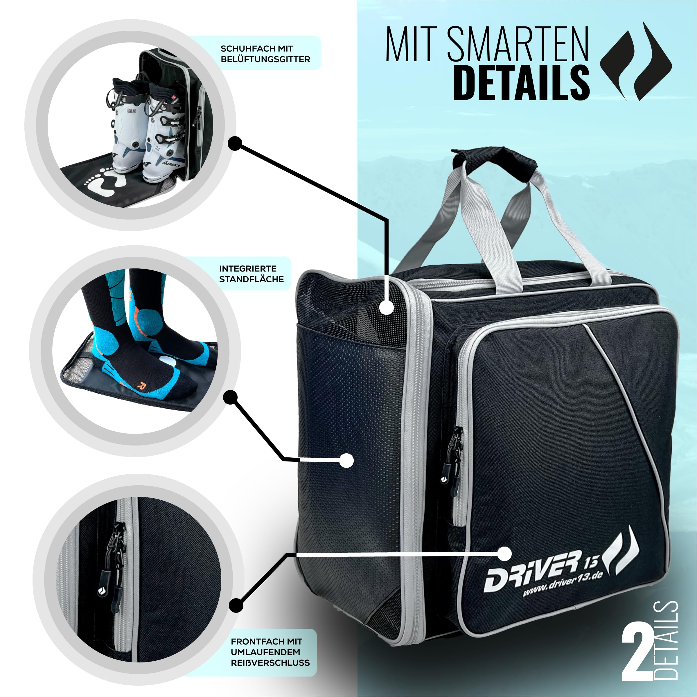 Driver13 ® Mochila para Botas de esquí con Compartimento para Casco + Mochila para Reloj de esquí con Compartimento para Casco para Botas duras + de Snowboard + inliner + Bolsa para Botas Negro-Gris