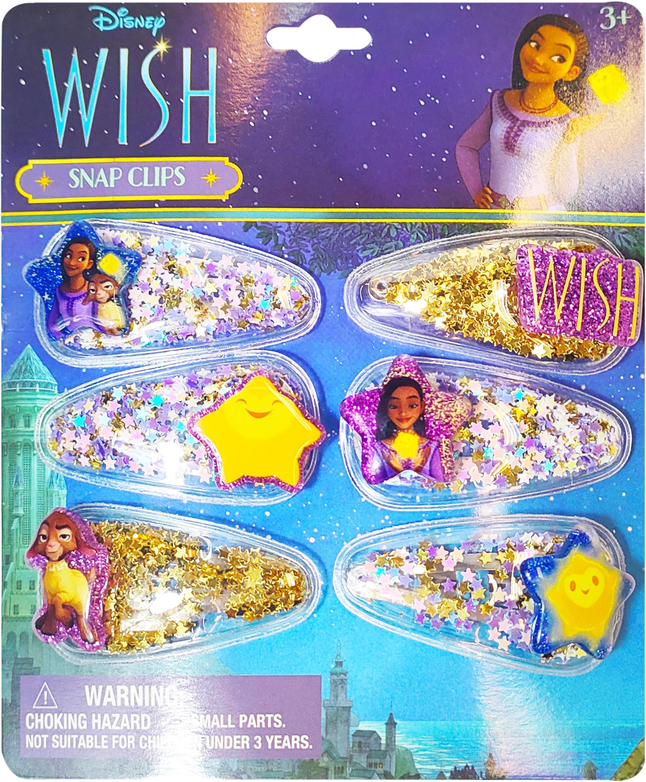 Disney Wish Girls Cute Hair Clips with Favorite Character Charms, Magical Confetti Hair Accessories for Toddlers Ages 3+