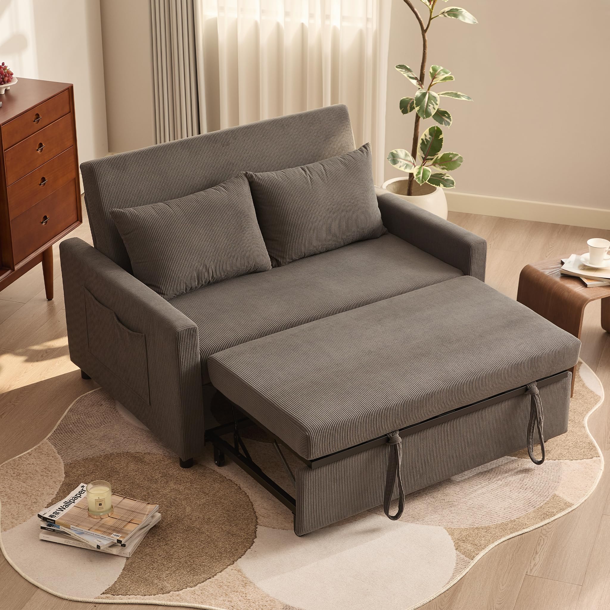Schlafsofa 2-Sitzer, 3-in-1 ausziehbares Sofa Bett, Cordstoff Schlafcouch mit Verstellbarer Rückenlehne und Seitentaschen, für Wohnzimmer und Gästezimmer,Grau