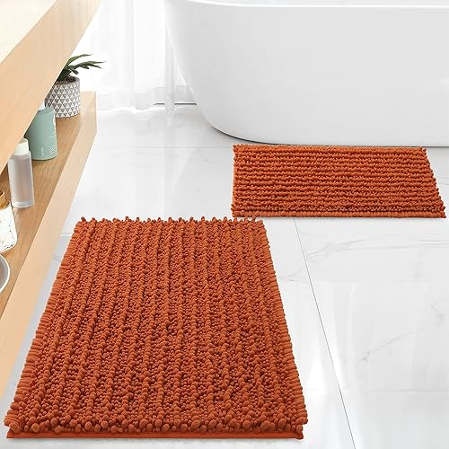 FLOLEOPA Luxury Chenille Burnt Orange Bathroom Rugs Bath Mats Sets, Extra Soft and Absorbent Bathroom Rugs Non Skid Machine Wash Dry Bath Mats（32"x20" Plus 17"x24"）