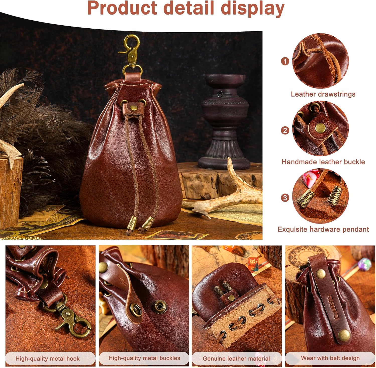 Vintage Medieval Drawstring Belt Pouch, FULL-GRAIN Leather, handmade, portable coin&dice purse with keychain. (Big) image 3