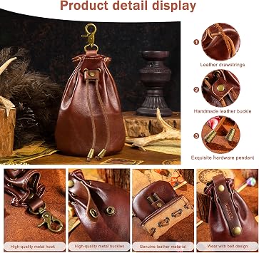 Vintage Medieval Drawstring Belt Pouch, FULL-GRAIN Leather, handmade, portable coin&dice purse with keychain. (Big)