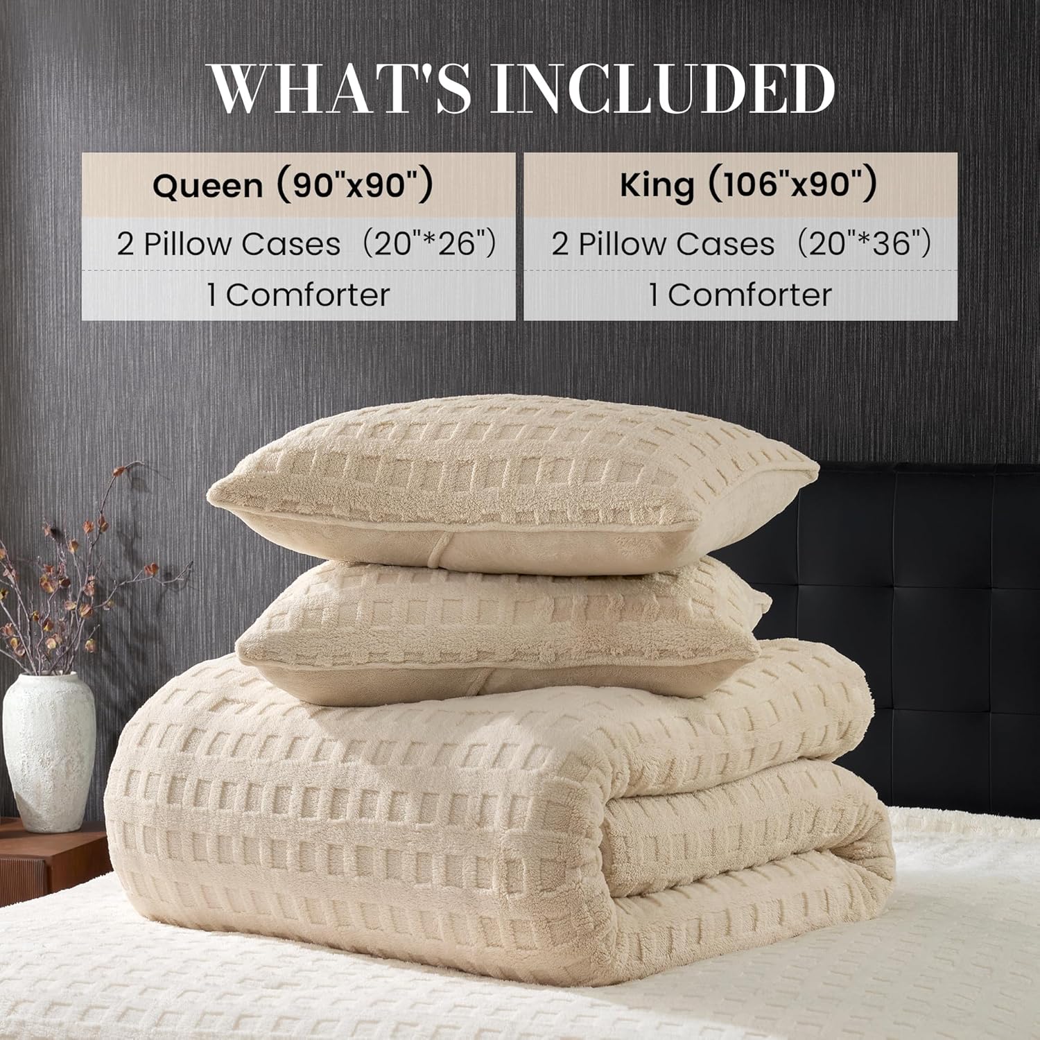 Amélie Home Waffle Comforter Queen Set, Khaki Fluffy Fleece Bedding Set, Super Soft Fluffy Plush Bedding Set for Winter, 3 Pieces, 1 Fuzzy Comforter and 2 Pillowcases - Image 7
