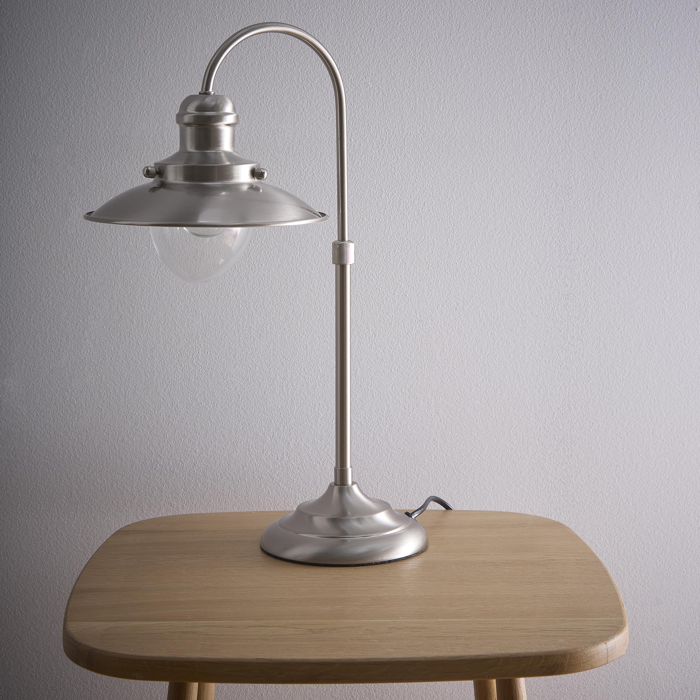 K Living  Silver Chester Satin Nickel Fisherman’s Style Table Lamp, Sports Direct