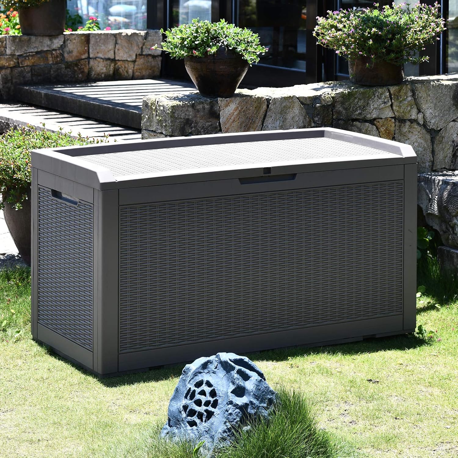 Modern-Depo 100 Gallon Deck Box Waterproof Outdoor Storage Bench Polypropylene PP Pool Towel Storage Bin Porch Delivery Box with Seat Cushion, Gray