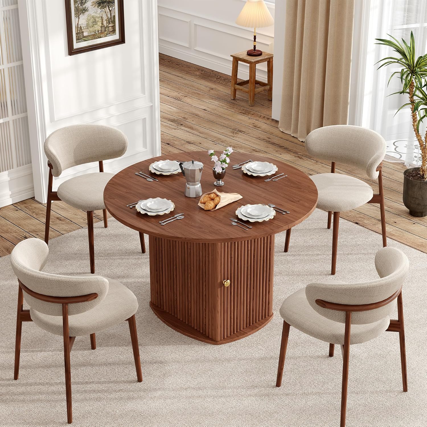 Round Dining Table for 4-6 People, 47.24 Inch Farmhouse Kitchen Table with Wave-Patterned Fluted Base, Dining Table Set with 2-Tier Storage Shelf, Walnut Oak image 5 of 8 B0FFYLX7PG
